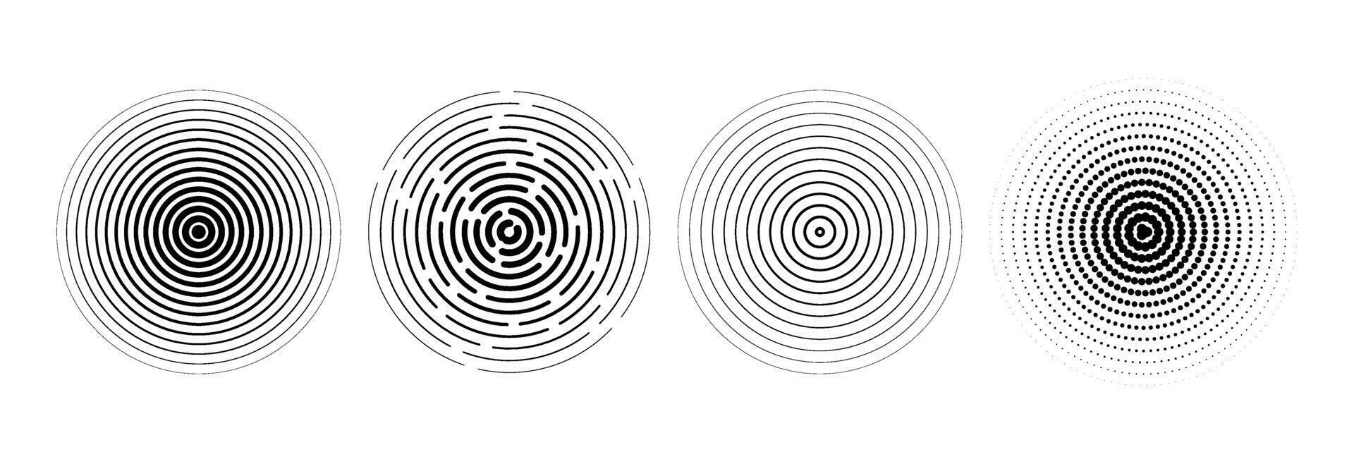 Radial circle set. Sonar or sound wave ring collection. Halftone and linear epicenter, target, radar icon concept. Rippled concentric signal vibration elements. Black dashed and dotted symbols vector