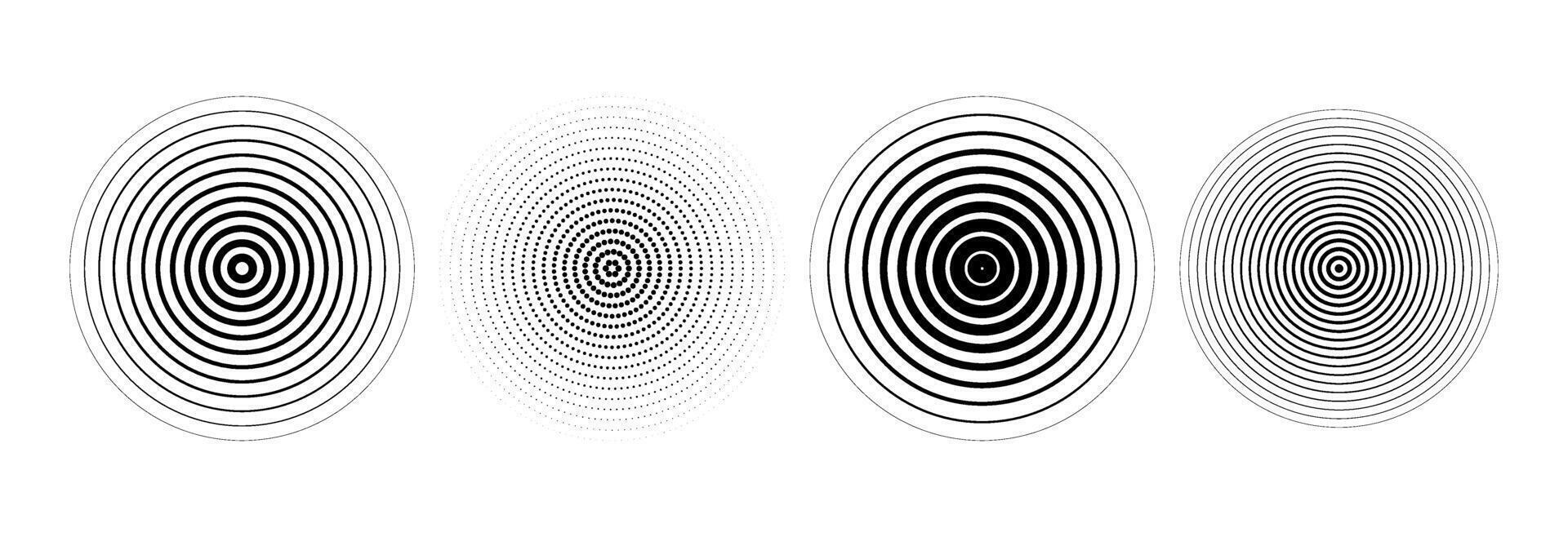 Black concentric circle set. Sonar or sound wave ring collection. Dotted and linear epicentre, target, radar icon concept. Ripple radial signal or vibration elements. Line and halftone symbols vector