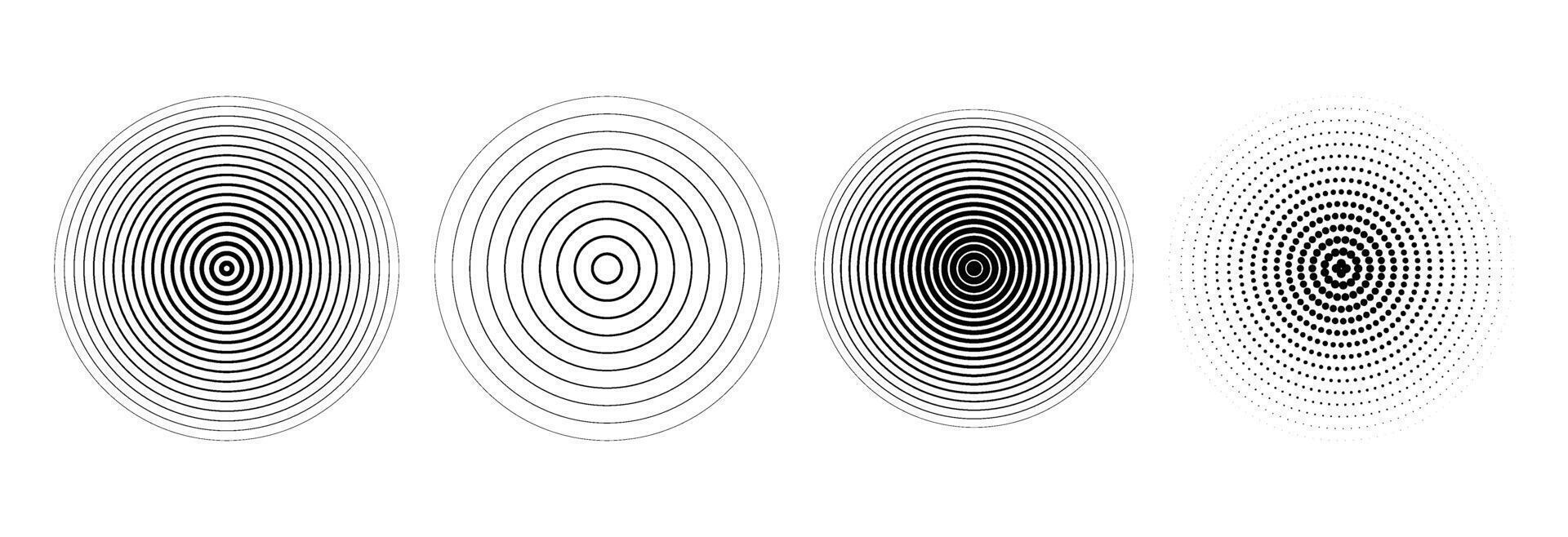 Black radial circle set. Sonar or sound wave ring collection. Halftone and linear epicentre, target, radar icon concept. Ripple concentric signal or vibration elements. Line and dotted symbols vector