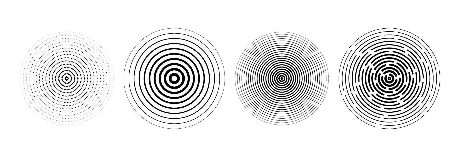Black radial circle set. Sonar or sound wave ring collection. Halftone and linear epicentre, target, radar icon concept. Ripple concentric signal vibration elements. Dashed and dotted symbols vector