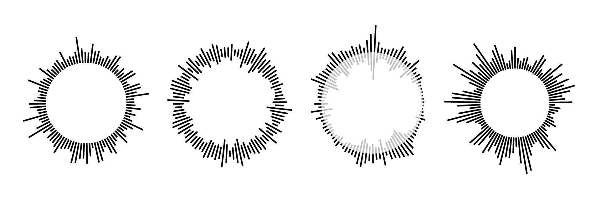 Radial sound wave pattern collection. Circular audio, music or voice icon set. Round wavy equalizer spectrum symbol pack. Black circle sunburst bundle. Soundwave elements vector
