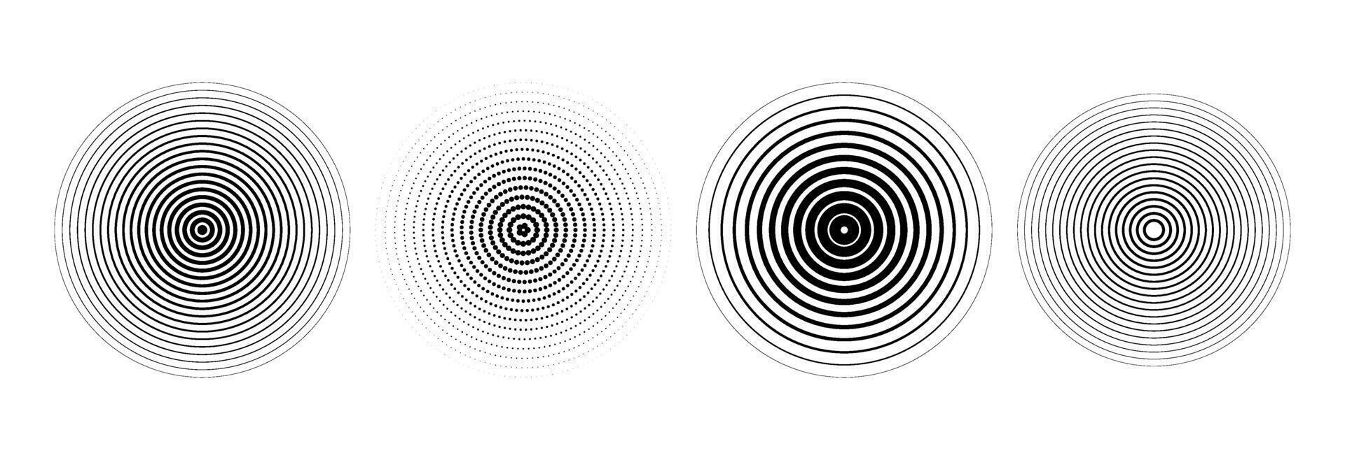 Black concentric circle set. Sonar or sound wave ring collection. Halftone and linear epicentre, target, radar icon concept. Ripple radial signal or vibration elements. Line and dotted symbols vector