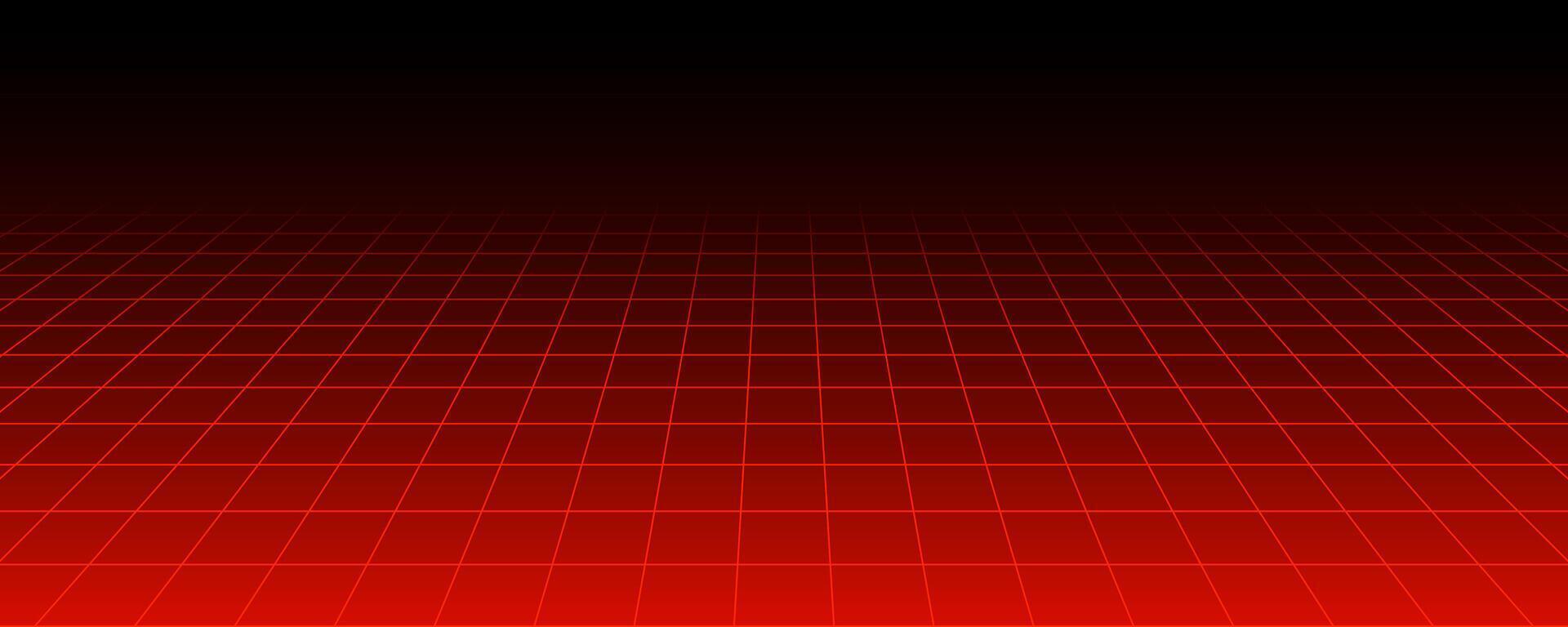 Red glowing neon wireframe background. Shining checkered horizontal grid planes in perspective. Retro futuristic depth wallpaper. Arcade game sci fi matrix surface backdrop for poster, banner. vector