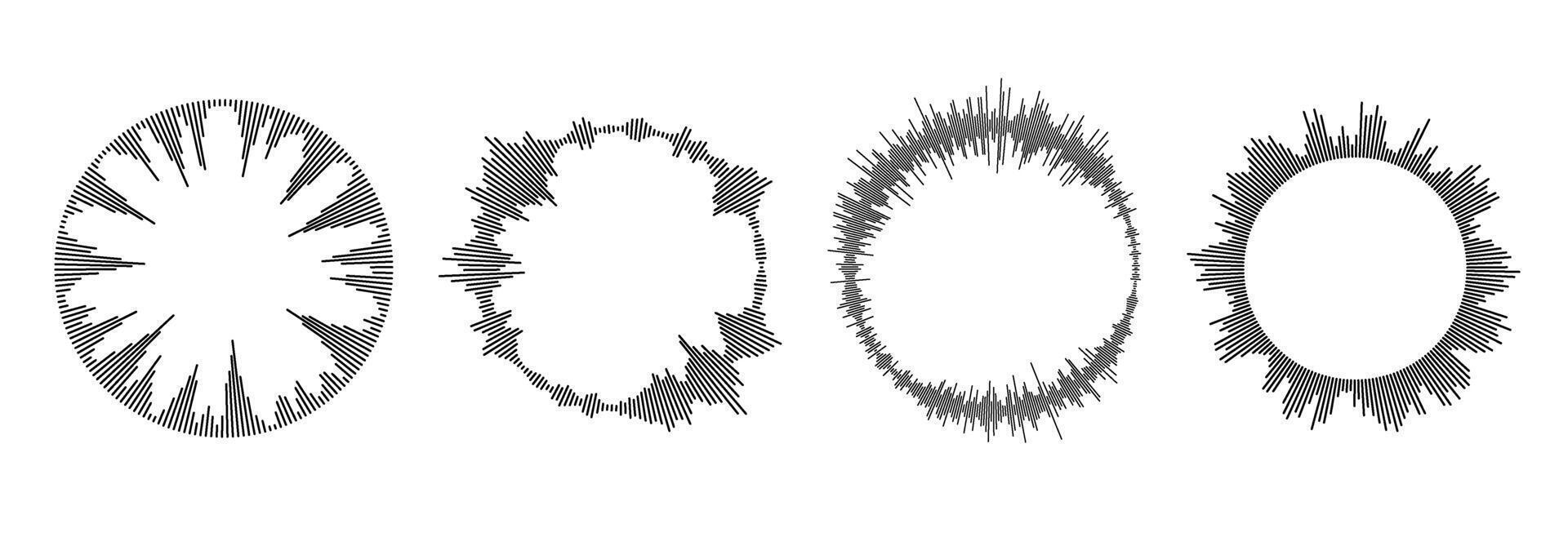 Radial sound wave pattern set. Circular audio, music or voice icon collection. Round wavy equalizer spectrum symbol pack. Circle sun burst bundle. Black soundwave elements vector