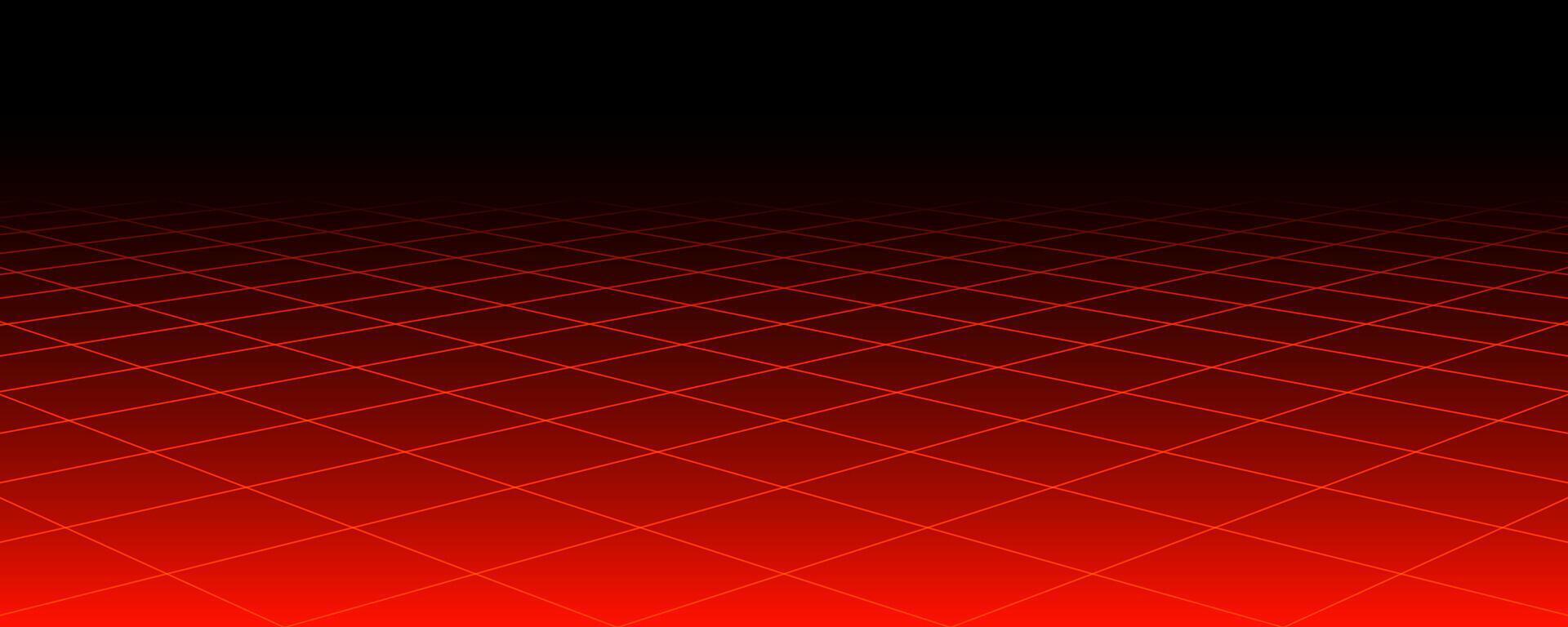 Red glowing neon wireframe background. Shining diagonal checkered grid planes in perspective. Retro futuristic depth wallpaper. Arcade game sci fi matrix surface backdrop for poster, banner. vector