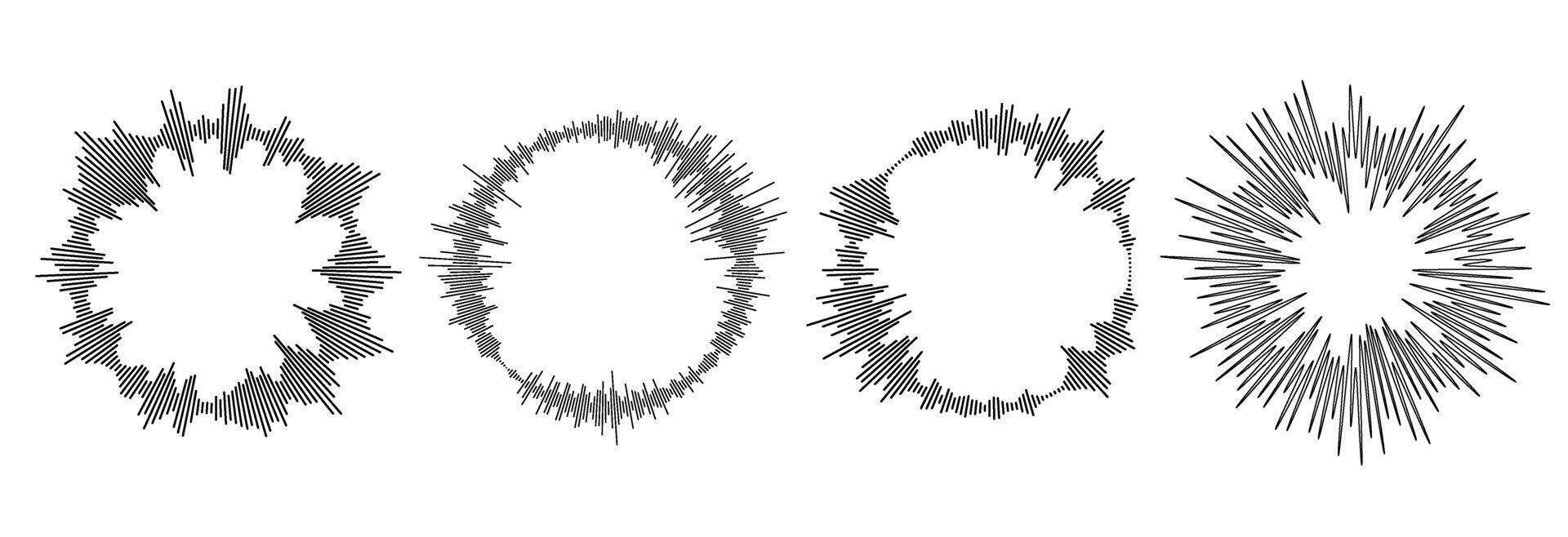 Radial sound wave ray pattern set. Circle sun burst beams bundle. Circular audio, music or voice icon collection. Round equalizer spectrum symbol pack. Black wavy soundwave center elements vector
