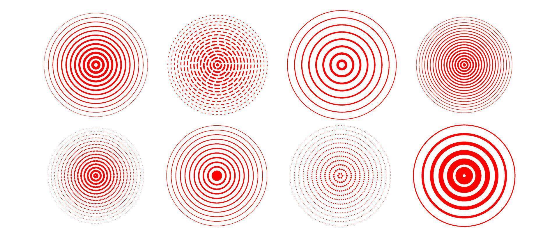 Red concentric circle set. Radial sonar or sound wave ring collection. Halftone, dashed and dotted line epicenter, target, radar icon symbol pack. Ripple concentric signal vibration elements. vector