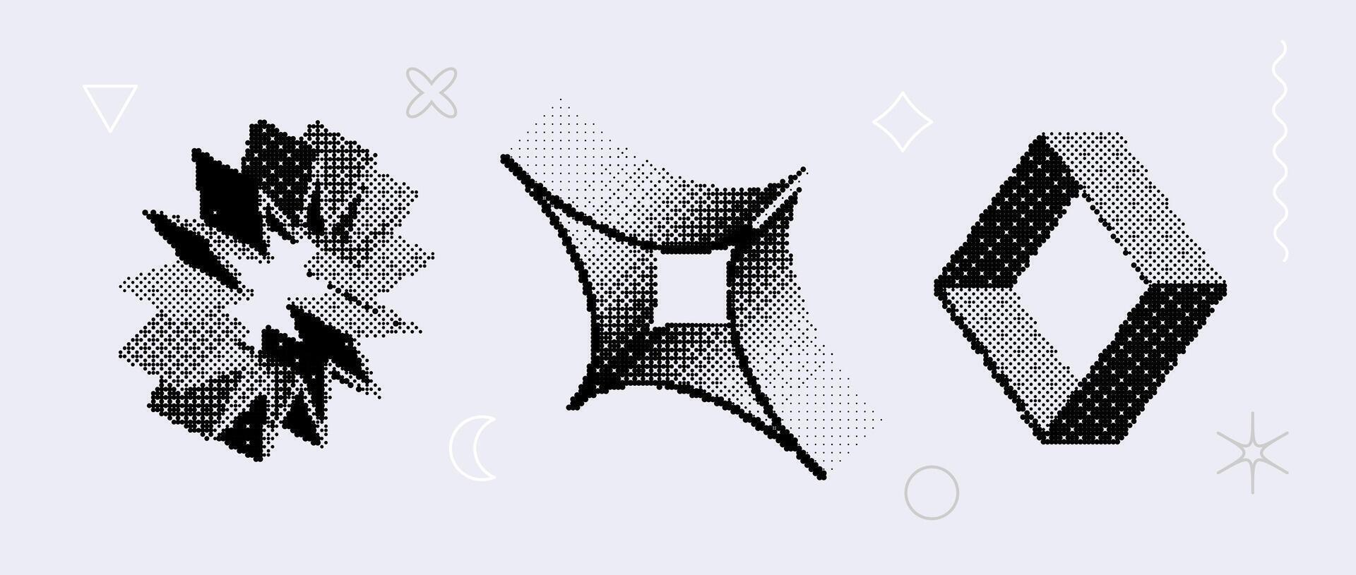 Bitmap textured shape set. Dither halftone objects collection. Black 3d square, star, rhombus elements for banner, poster, leaflet. Abstract pixelated raster effect bundle. vector