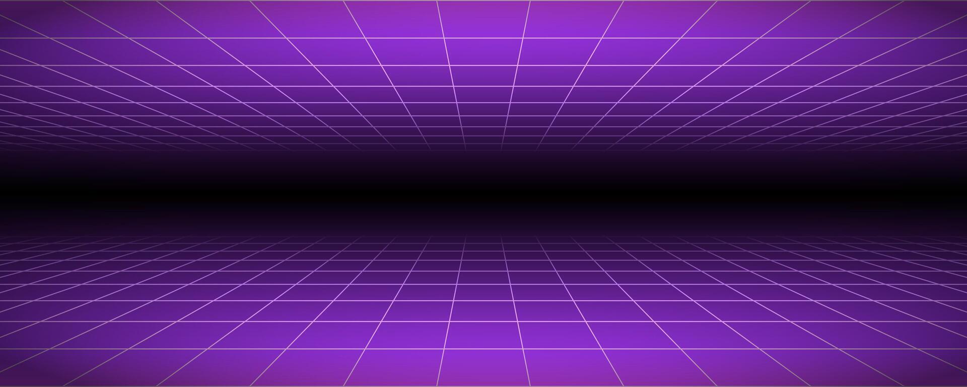 Glowing neon wireframe background. Purple checkered grid planes in perspective. Bright retro futuristic horizon wallpaper. Arcade game sci fi matrix surface. Backdrop for poster, banner vector