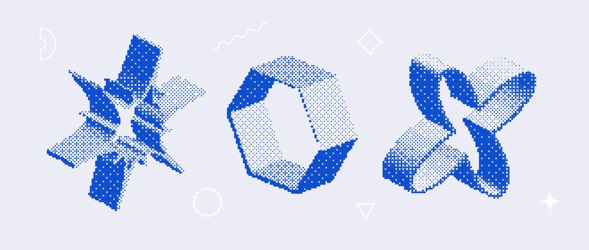 Bitmap textured shape set. Dither halftone objects collection. Blue 3d flower, star, hexagon elements for banner, poster, leaflet. Abstract pixelated raster effect bundle. vector