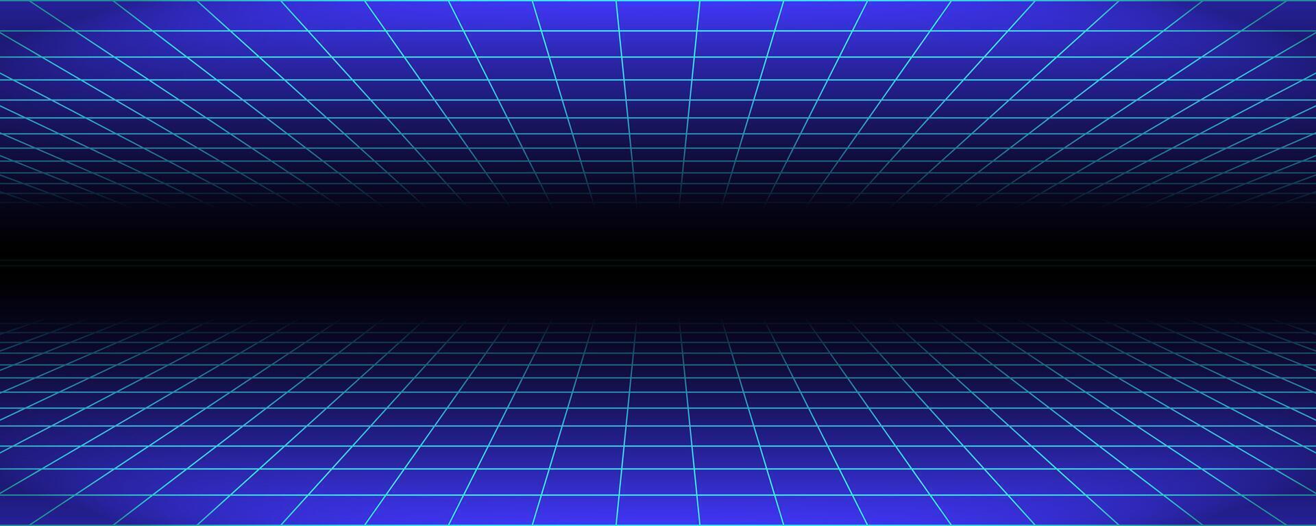 Glowing neon wireframe background. Blue shining checkered grid planes in perspective. Bright retro futuristic horizon wallpaper. Arcade game sci fi matrix surface. Backdrop for poster, banner vector
