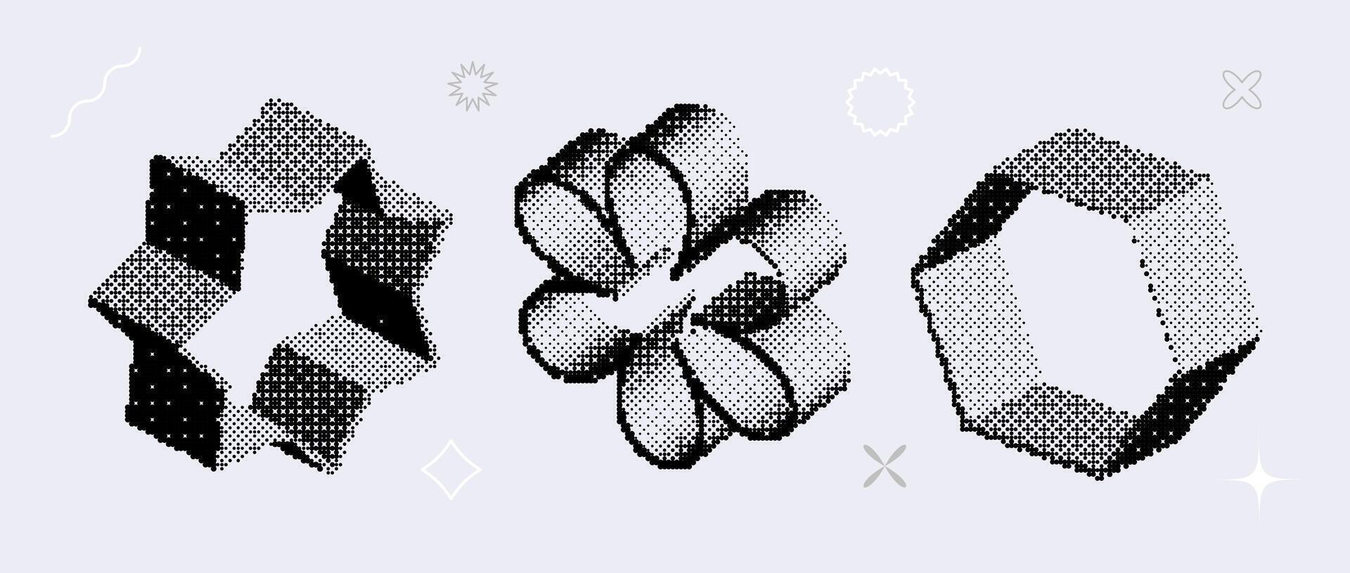 Bitmap textured shape set. Dither halftone objects collection. Black 3d flower, star, hexagon elements for banner, poster, leaflet. Abstract pixelated raster effect bundle. vector