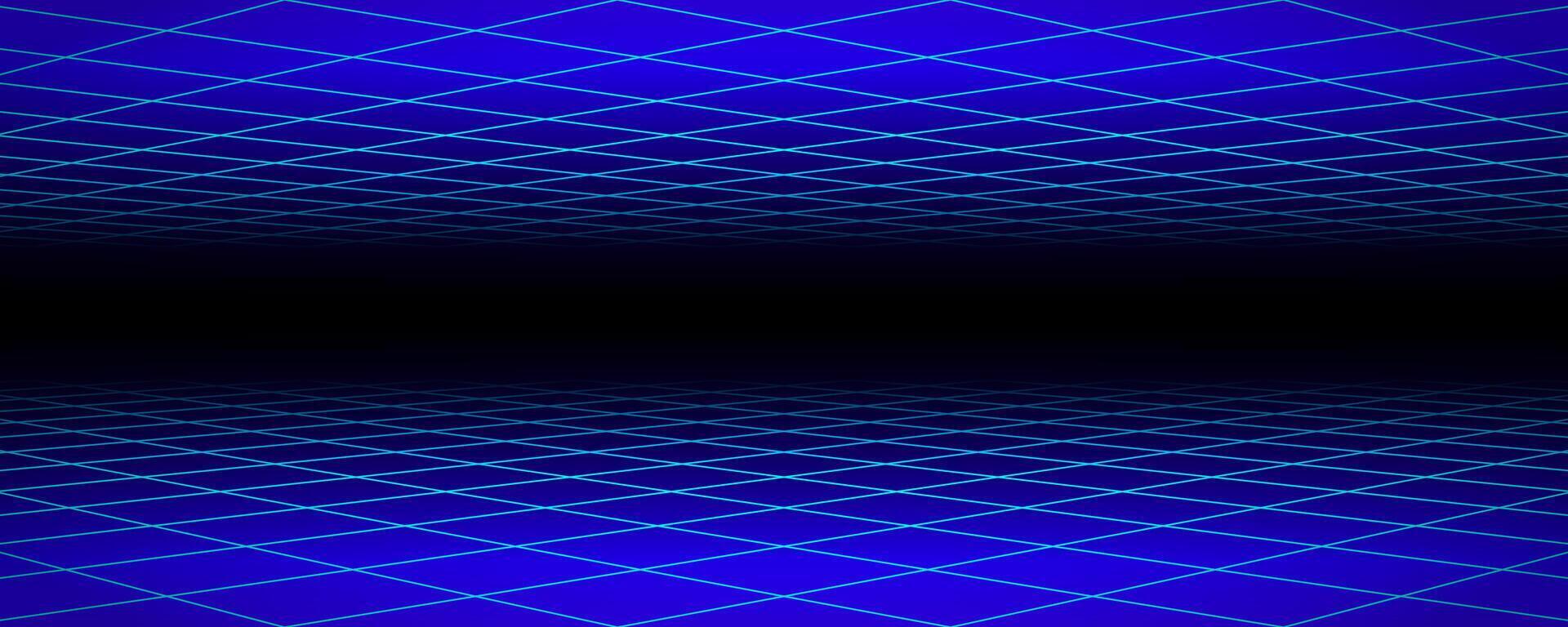 Glowing neon wireframe background. Blue diagonal checkered grid planes in perspective. Bright retro futuristic horizon wallpaper. Arcade game sci fi matrix surface. Backdrop for poster, banner vector