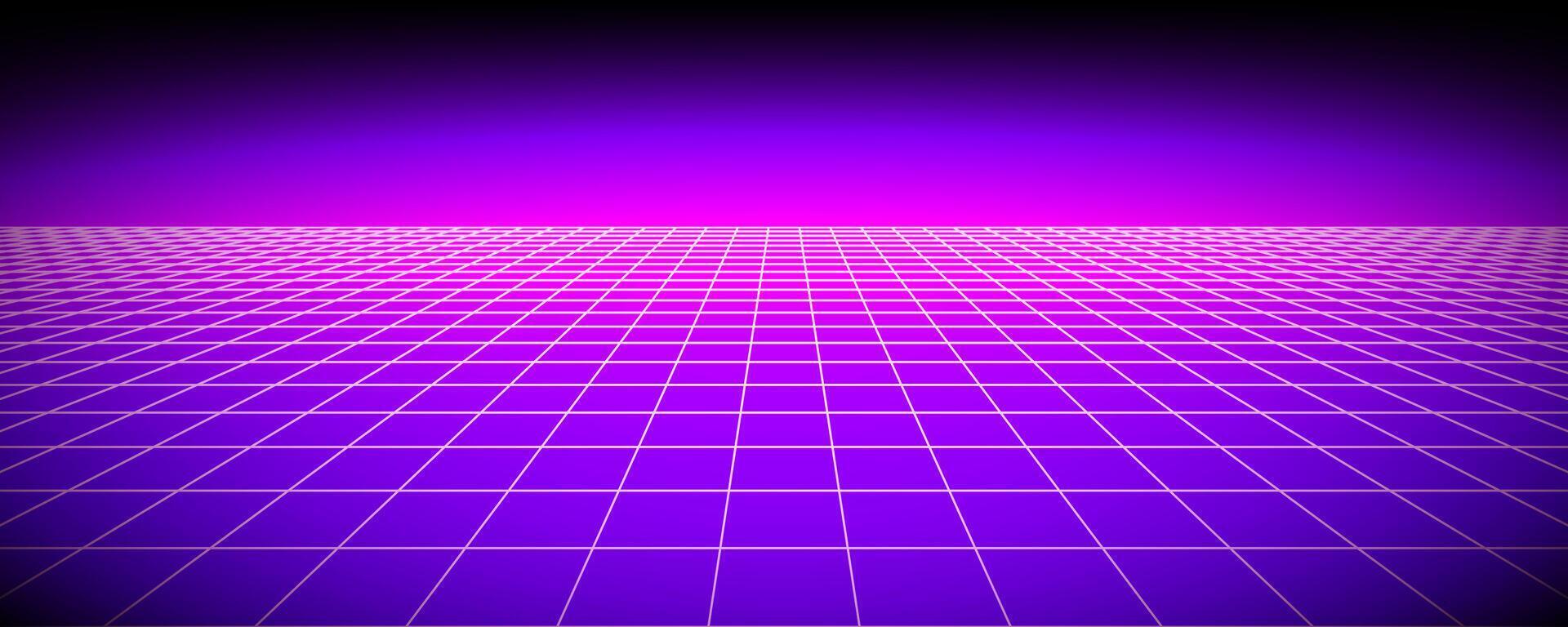 Glowing neon wireframe background. Purple shining checkered grid planes in perspective. Bright retro futuristic horizon wallpaper. Arcade game sci fi matrix surface. Backdrop for poster, banner vector