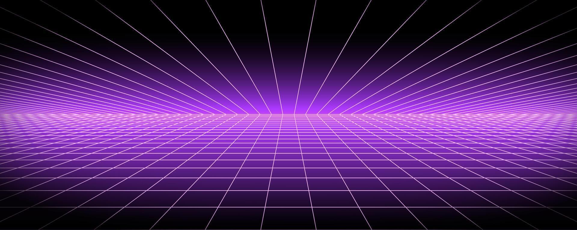 Glowing neon purple wireframe background. Shining checkered grid planes in perspective. Bright retro futuristic horizon wallpaper. Arcade game sci fi matrix surface. Backdrop for poster, banner vector