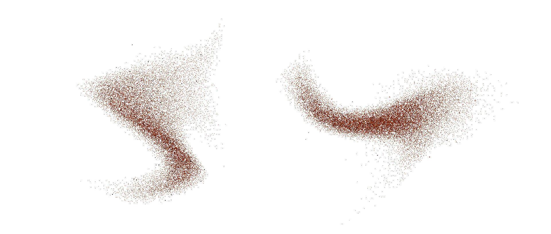 Coffee, cocoa or chocolate powder particles and speckles. Brown dust or sand wavy elements. Ground beans, grains and granules wave flowing shapes. Sprayed speck swirl overlay textures vector