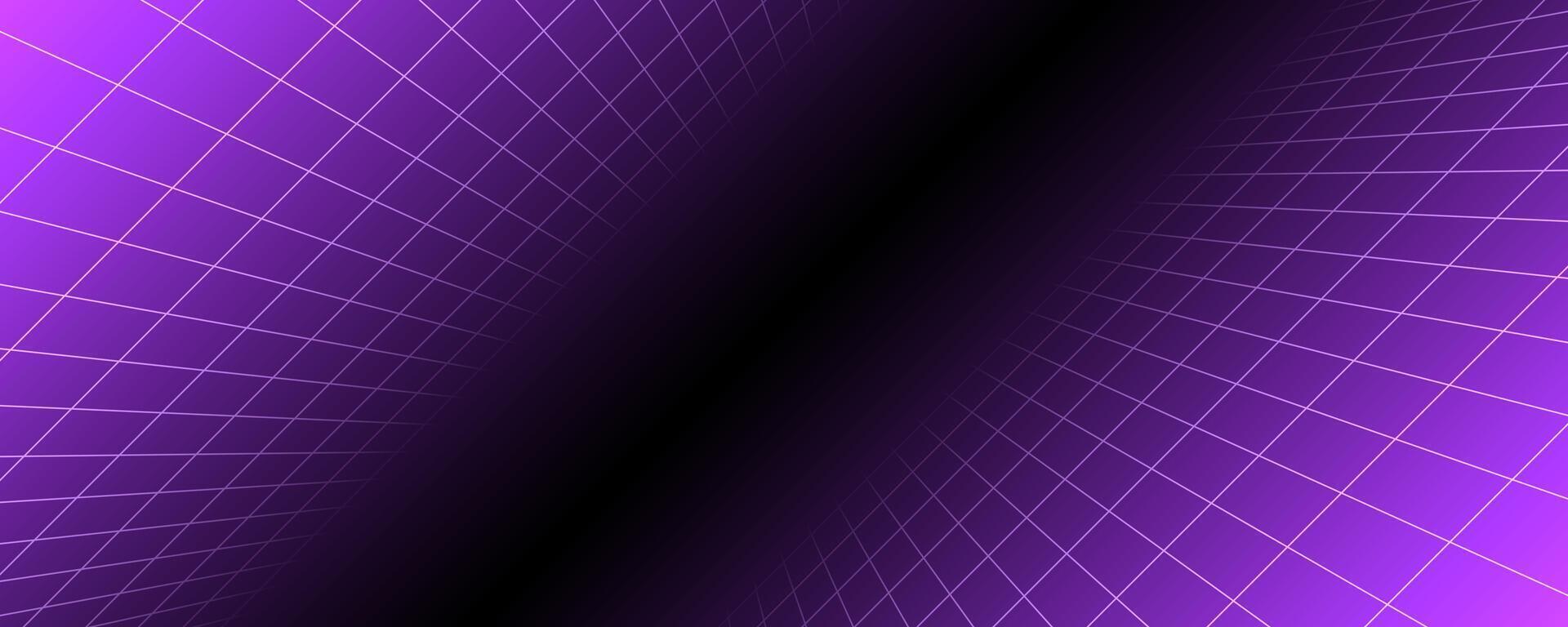 Purple glowing neon wireframe background. Shining checkered diagonal grid planes in depth. Retro futuristic wallpaper. Arcade game sci fi matrix surface backdrop for poster, banner. vector