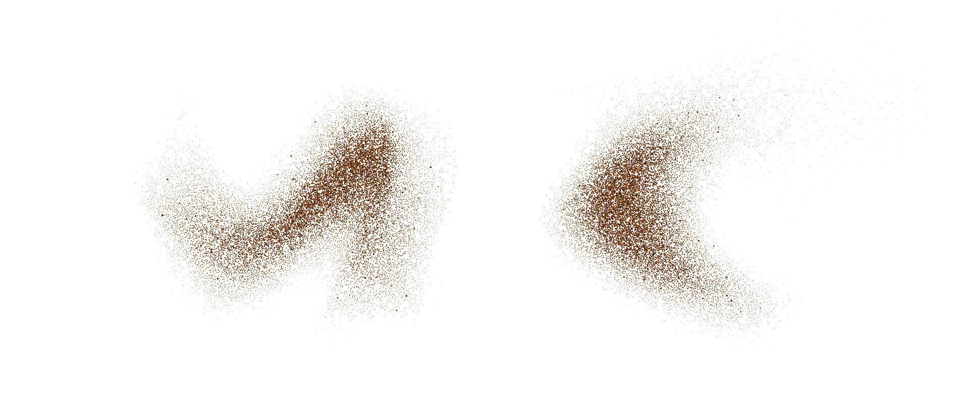 Coffee, cocoa or chocolate powder particles and speckles. Brown dust or sand wavy elements. Ground beans, grains and granules wave flowing shapes. Sprayed specks overlay textures vector