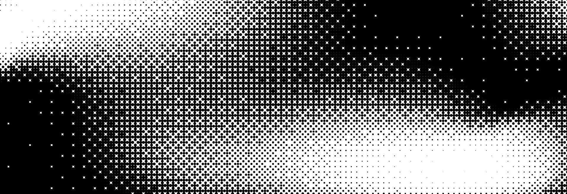 Pixelated bitmap grunge gradient texture. Black dither pattern wallpaper. Abstract glitchy pattern. 8 bit game background. Wide raster backdrop. Retro pixel art Illustration. vector