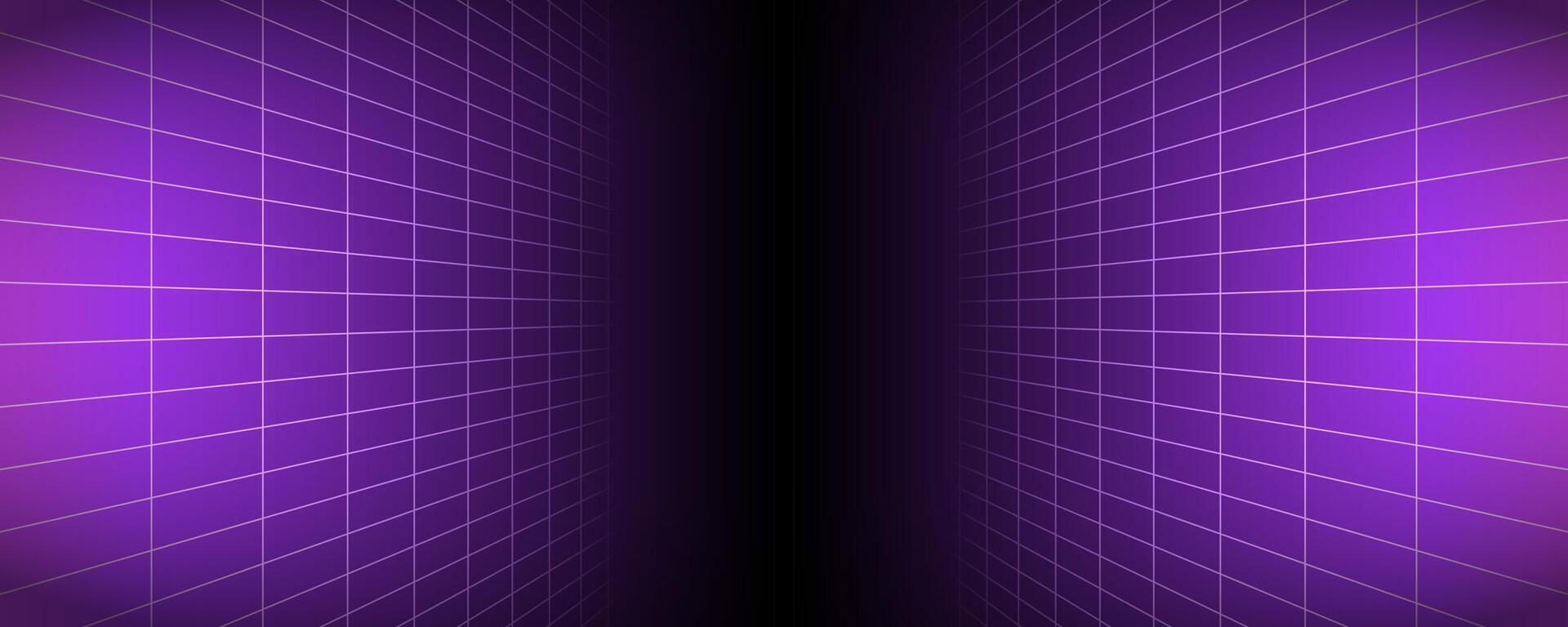 Purple glowing neon wireframe background. Shining checkered vertical grid planes in perspective. Retro futuristic depth wallpaper. Arcade game sci fi matrix surface backdrop for poster, banner vector