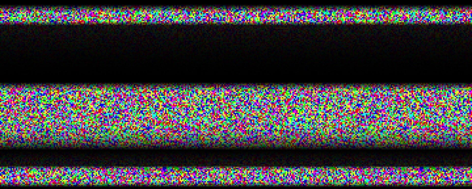 TV static noise background. Glitched pixelated screen texture. VHS with black stripes wallpaper. White noise signal grain for poster, banner. Television screen interferences and glitches. vector