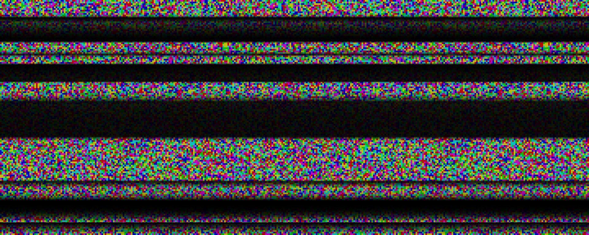TV static noise background. Glitched white noise texture. Colored VHS signal with black stripes, interferences or glitches. Pixelated television screen backdrop grain for poster, banner. vector