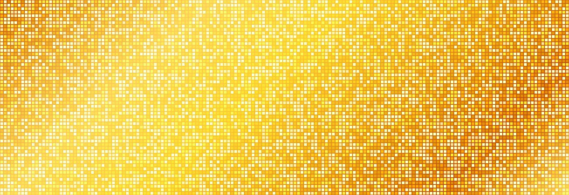 Golden disco party pattern. Yellow square sequin mosaic texture background. Abstract gold shining glitter halftone wallpaper. Sparkling glitter backdrop. Retro design template vector