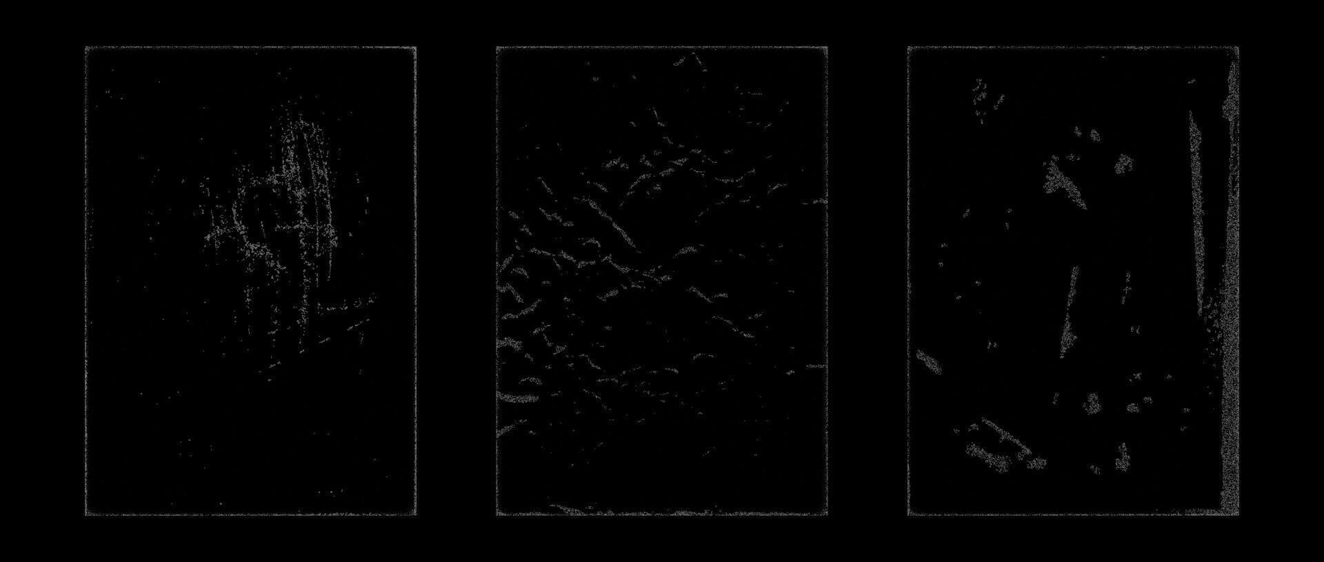 Stippled rough grunge collection. Aged pixelated texture paper overlay set. Dotted scratched crumpled background. Dirt grainy stipple dot backdrop for poster, vinyl cover, frame, banner. vector
