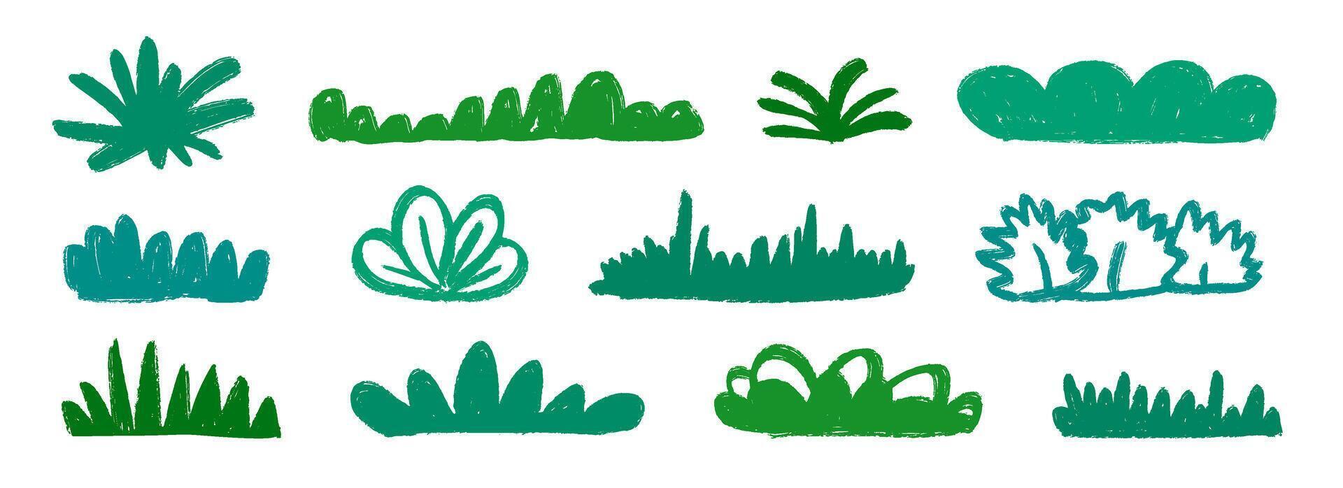Hand drawn bushes and grass collection. Green crayon shrubbery and foliage set. Doodled shrub and tree shape bundle. Pencil sketched elements. Scribbled cartoon green plant pack. vector