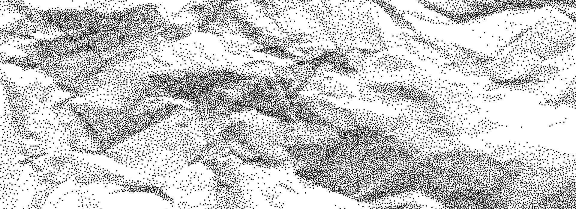Black stippled crumpled paper texture concept. Rough dotted wrinkled background. Gritty creased paper sheet backdrop. Noisy grainy dots notebook page wallpaper. Aged damaged gritty overlay. vector