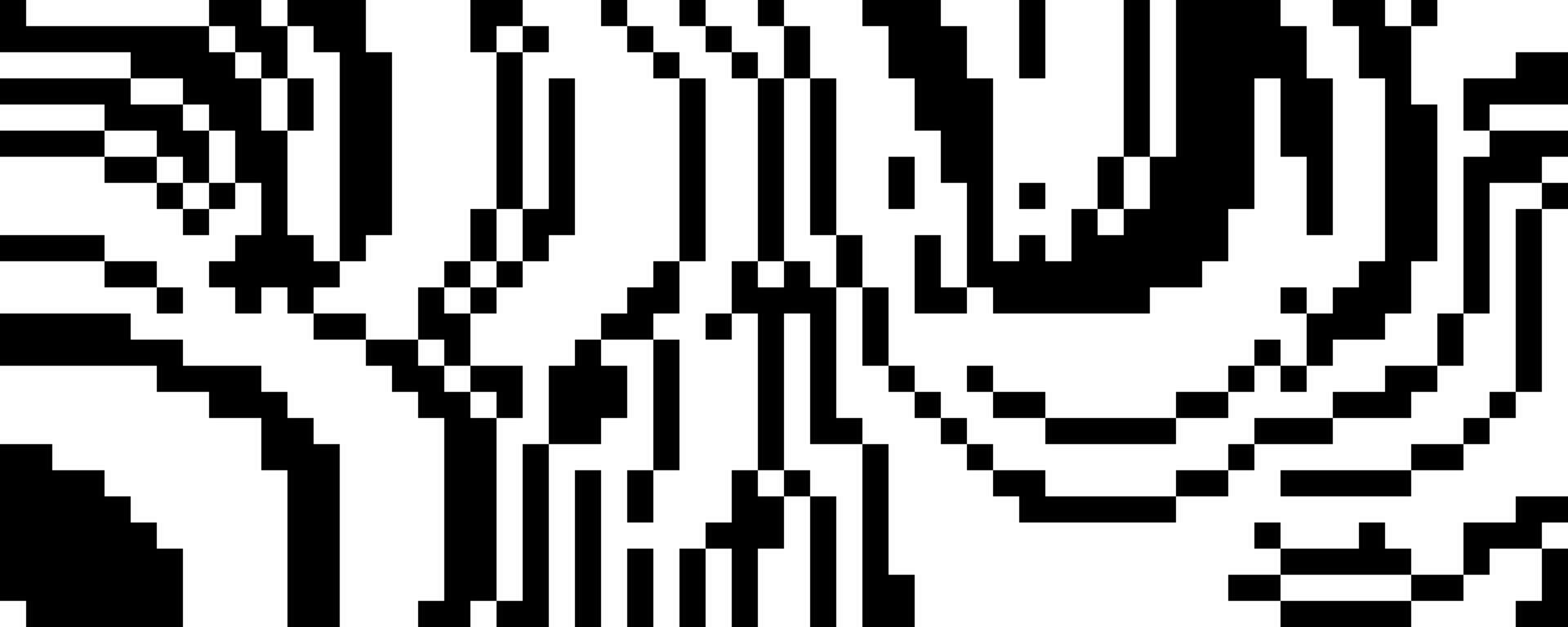 Pixelated curved wavy texture. Black dithered bent lines background. Digitalized warped stripes for banner, poster, flyer, brochure. Abstract rasterized squiggle overlay wallpaper. vector