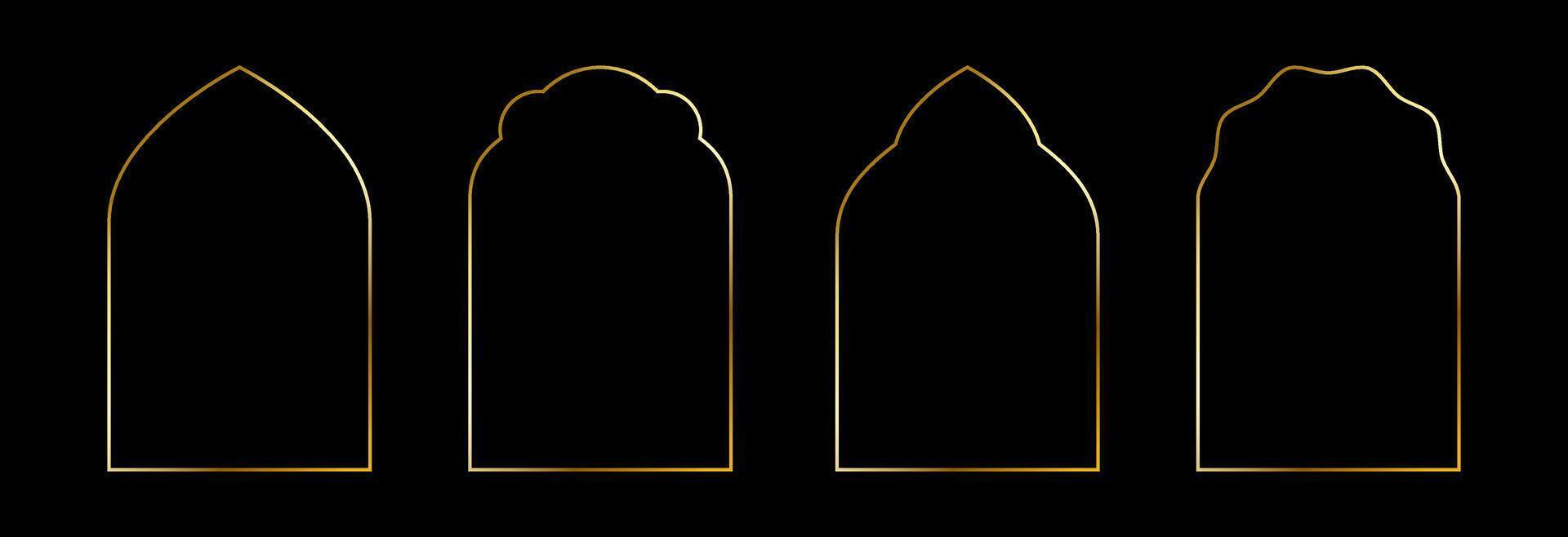 Thin golden oriental arch set. Gold arc border frame collection in art deco style. Muslim linear shining curve shape bundle. Glowing shiny boarder element pack for photo, cadre, poster, card. vector