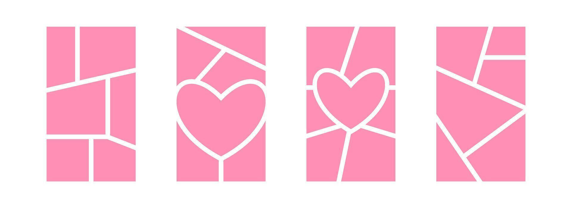 Image collage layout set. Pink mosaic mood board grid collection. Picture slot composition arrangement. Heart shaped photo album template. Love memory wall mockup for banner, poster, brochure vector