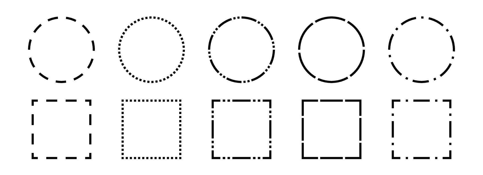 Black dashed frames collection. Dashed outline circle and square borders set. Outline cut out element design bundle for poster, banner, flyer. Geometric dotted rectangular and round shape pack. vector