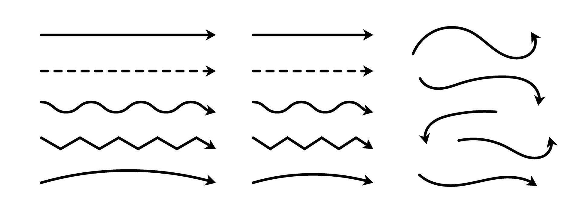 Black arrows set. Wavy and zigzag arrow collection. Doodle sketched thin pointers and direction lines. Curved and straight outline stripe design elements bundle for flyer, poster, brochure vector