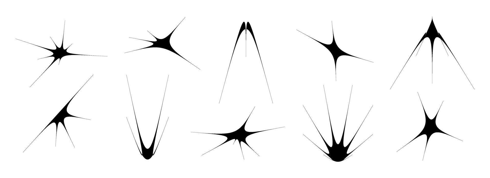 Black thin quirky thorn element set. Sharp star shapes and angular sparks bundle. Spooky spokes object pack for poster design, flyer, collage, banner, badge, logo, card, icon, label, sticker vector