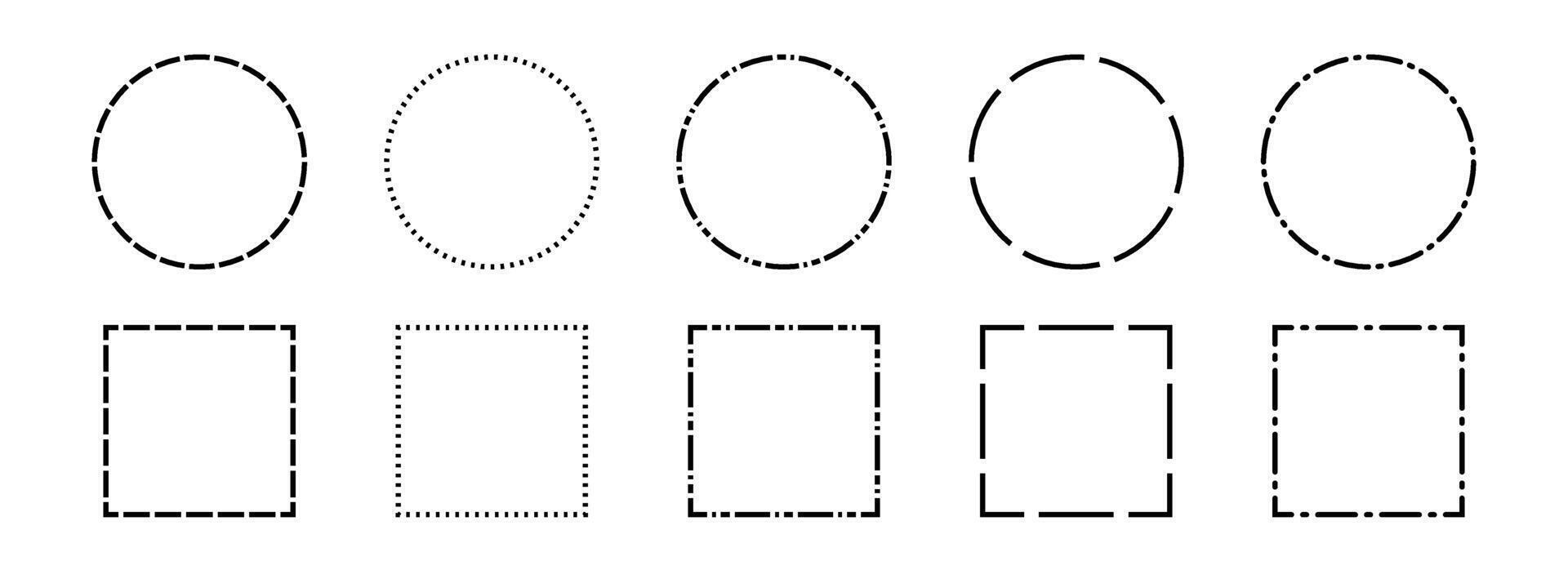 Black dashed frame set. Dashed outline circle and square border collection. Geometric dotted rectangular and round shape pack. Outline cut out element design bundle for poster, banner, flyer. vector