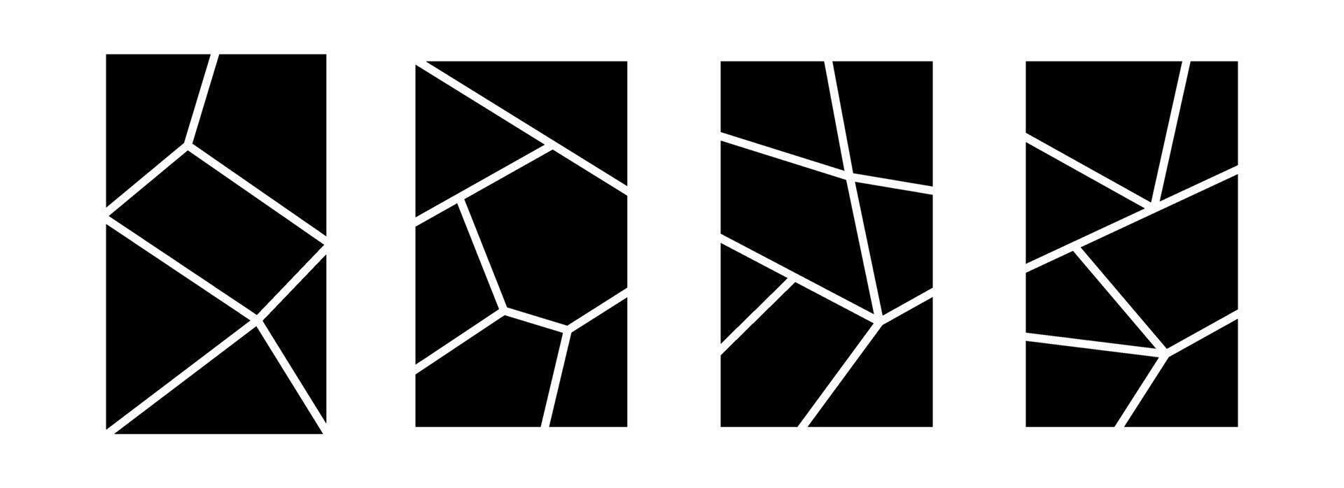 Image collage layout set. Black mosaic mood board grid collection. 6-7 picture slot composition arrangement. Photo album template or memory wall idea for banner, poster, mockup, flyer, brochure vector