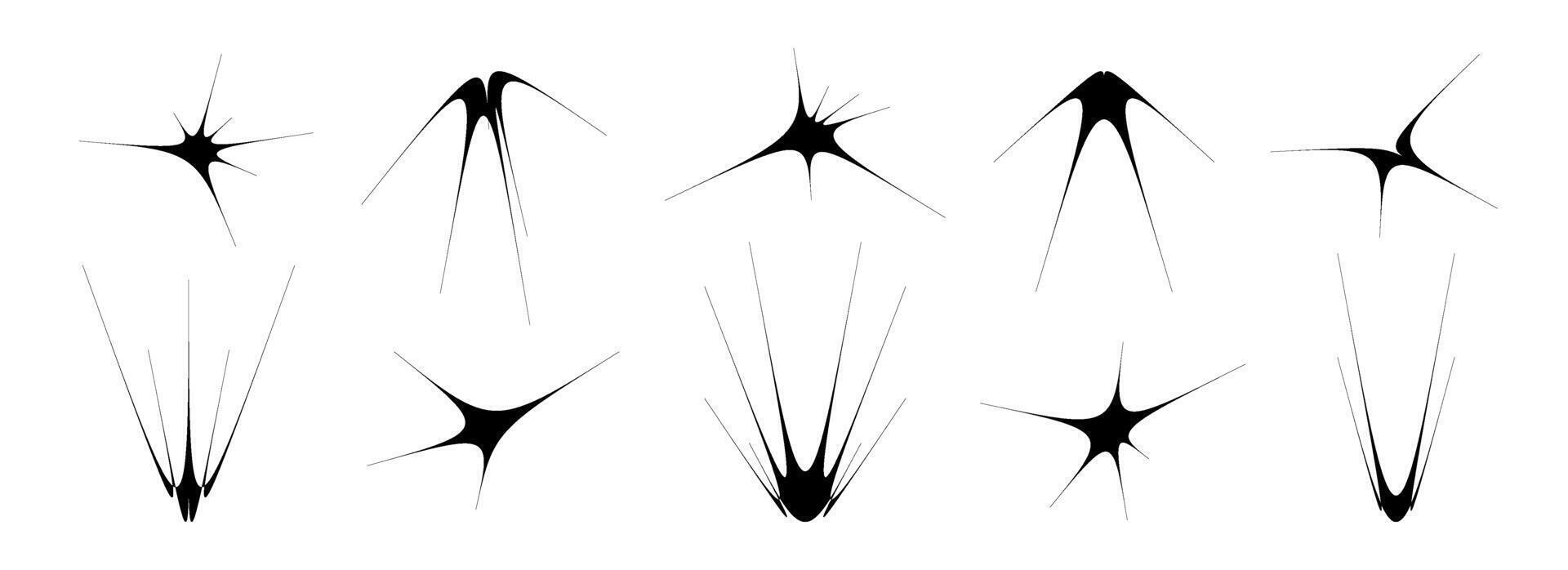 Black thin quirky thorn element set. Sharp star shapes and angular sparks bundle. Strange spokes object pack for poster design, flyer, collage, banner, badge, logo, card, icon, label, sticker vector