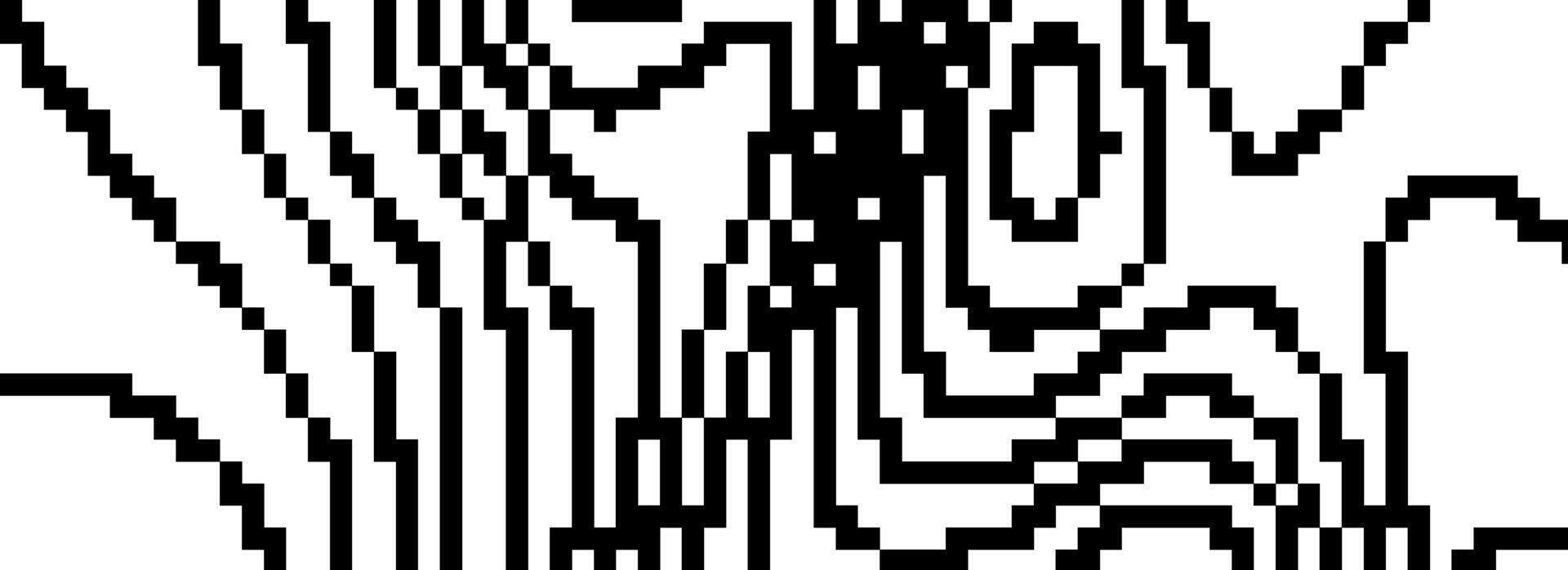 Dithered wavy curve line texture. Black pixel glitch background. Digitalized distorted backdrop for banner, poster, flyer, brochure, booklet. Abstract rasterized stripes overlay wallpaper vector