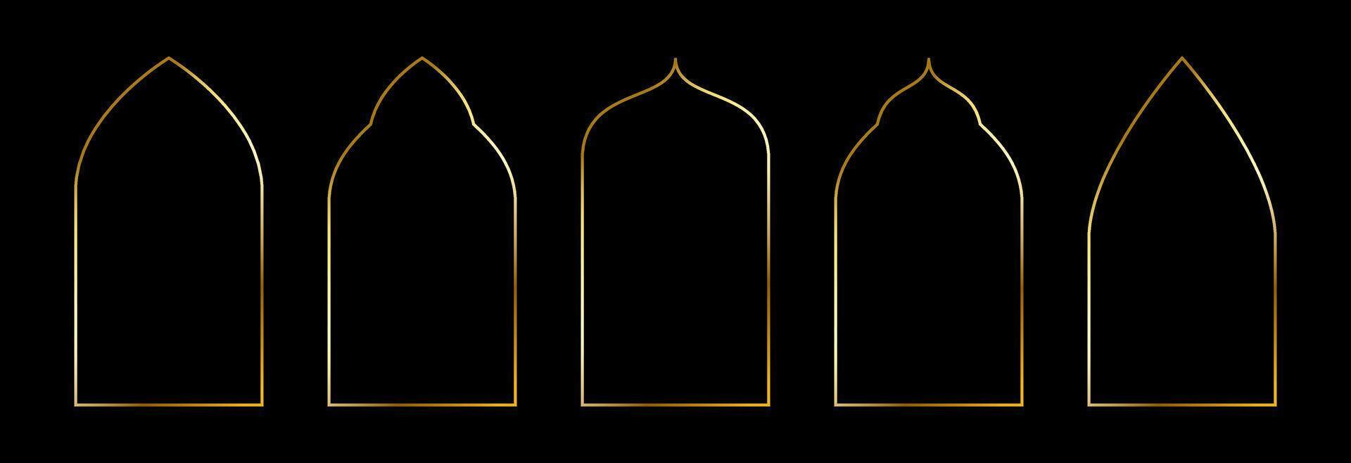 Thin golden pointed arch set. Gold arc border frame collection in oriental style. Thin linear shining curve shape bundle. Glowing shiny boarder element pack for photo, cadre, poster, card. vector