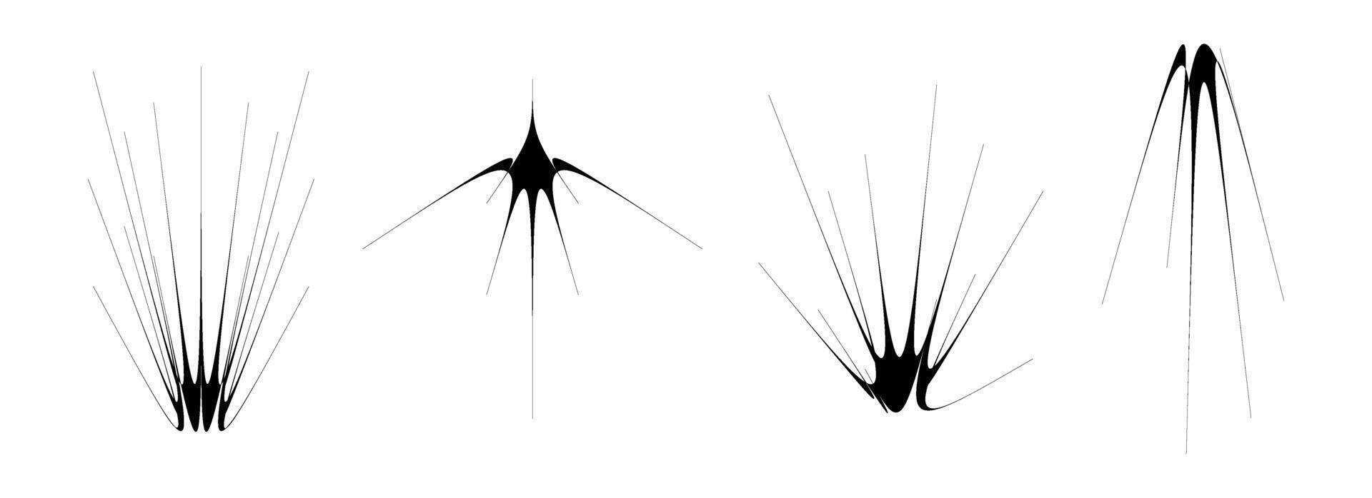 Black thin spiky element set. Abstract thorn semicircle shapes and angular twinkles bundle. Futuristic spokes objects for poster, collage, banner, logo, card, icon, label, sticker, badge. vector
