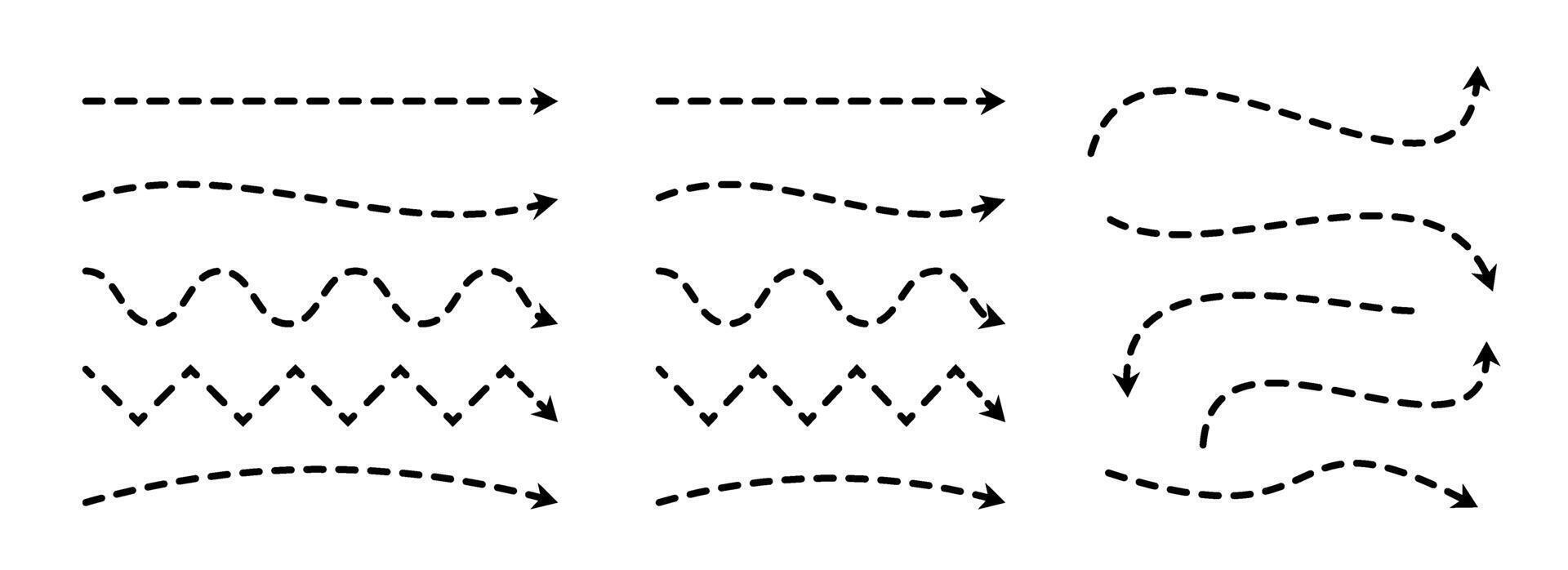 Black dashed arrows set. Wavy zigzag arrow collection. Doodle sketched dotted pointers and direction lines. Curved and straight outline stripe design element bundle for flyer, poster, brochure vector