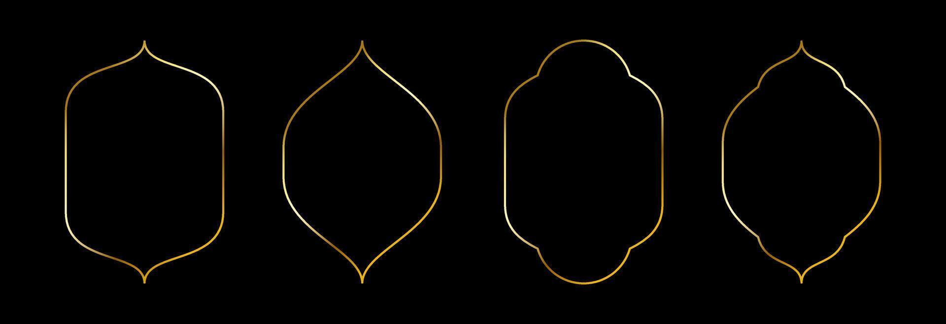 Thin golden curved frame set. Gold curved border collection in oriental style. Thin linear shining pointed shape bundle. Glowing shiny boarder element pack for photo, cadre, poster, card. vector