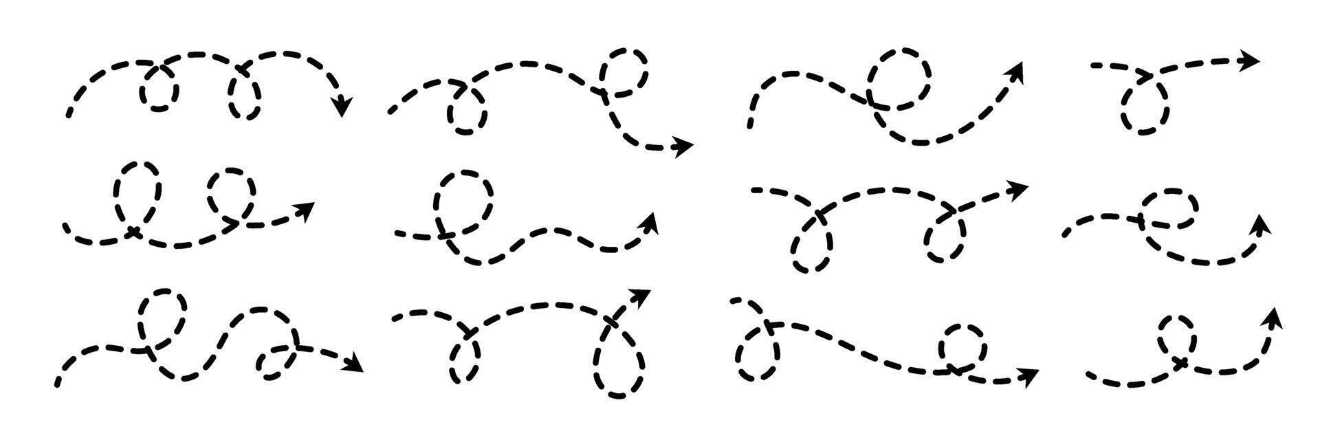 Comic dotted thin arrow set. Wavy curved dash pointer collection. Squiggle sketchy direction or trajectory lines. Dots squiggle loop stripe elements bundle for flyer, poster, brochure, banner. vector