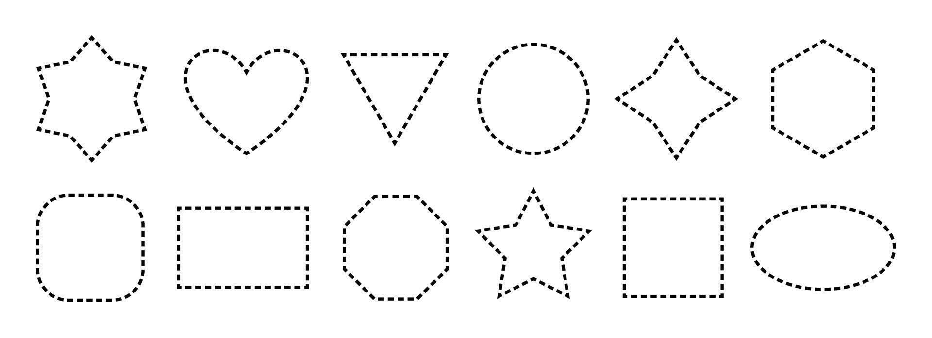 Black dashed frame collection. Dash outline geometric border set. Geometric dotted shape pack. Outline cut out element design bundle for poster, banner, flyer, brochure, leaflet, booklet vector