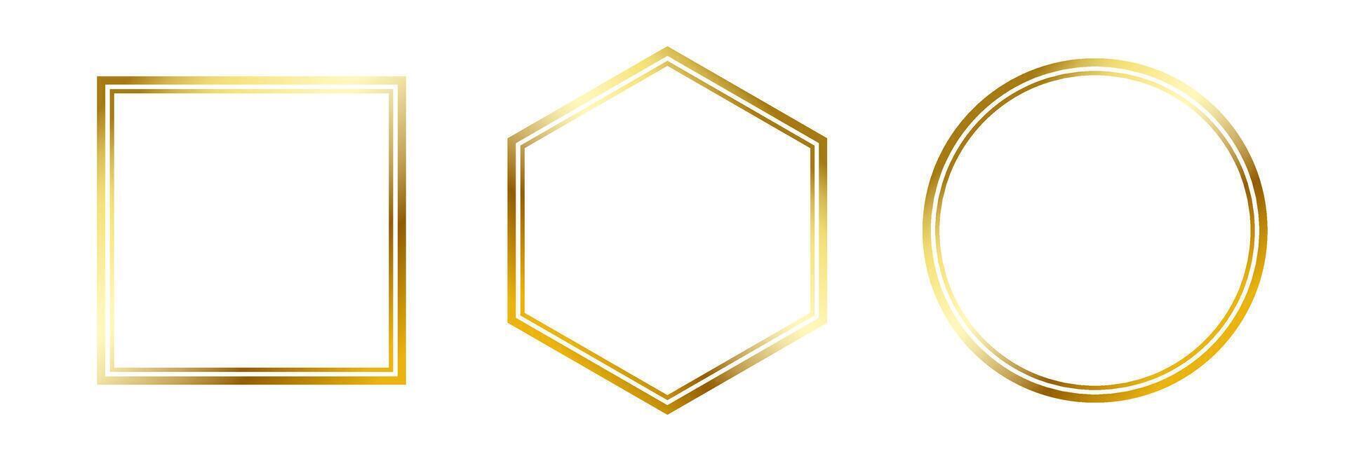 Thin golden frame set. Gold geometric border collection in art deco style. Thin linear shining shape bundle. Metallic glowing shiny boarder element pack for photo, cadre, poster, card. vector