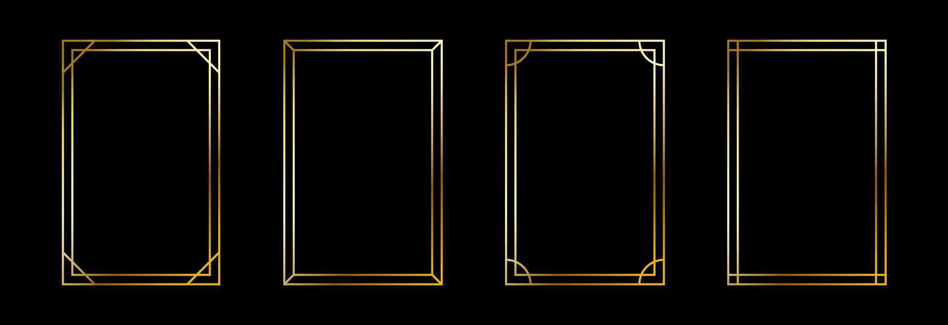 Thin golden frame set. Gold rectangle border collection in art deco style. Thin linear shining rectangular shape bundle. Brass glowing shiny boarder element pack for photo, cadre, poster, card. vector