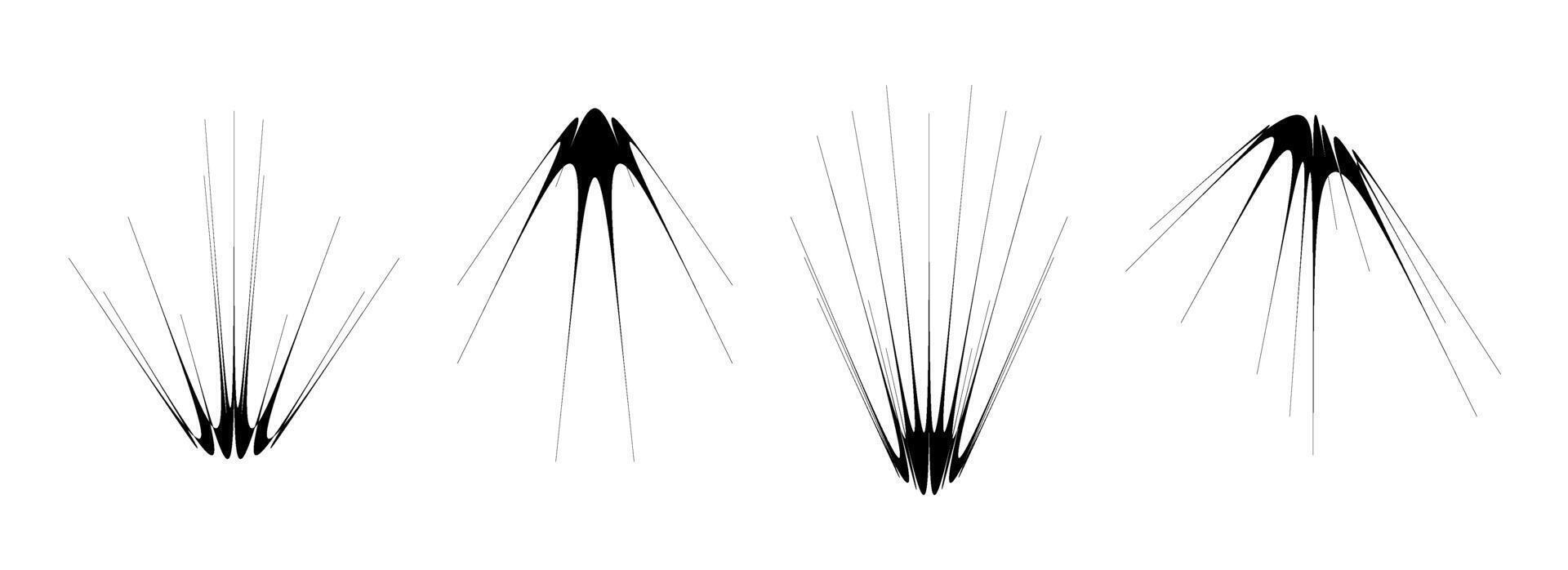 Abstract spiky element set. Thin thorn semicircle shapes and angular sunburst bundle. Futuristic spokes objects for poster, collage, banner, logo, card, icon, label, sticker. Black twinkles vector