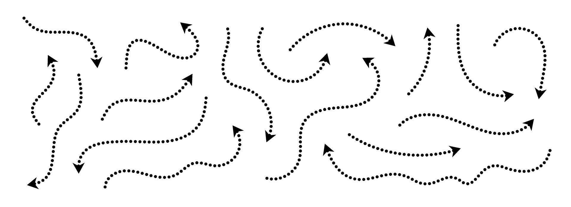 Black dotted arrows set. Wavy and curved dashed arrow collection. Doodle sketched thin pointers and direction lines. Dots outline stripe design elements bundle for flyer, poster, brochure vector